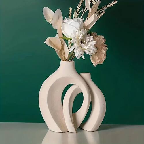 White Ceramic Vase Set of 2 for Modern Home Decor,Boho Donut