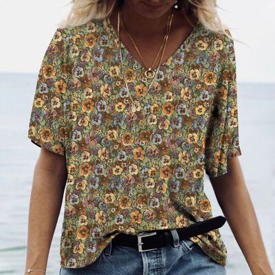 2024New Fashion 3D Flower T-shirt Women's Casual V-Neck Shor