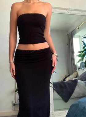 Vintage 2 Piece Long Skirt Sets Women Cute Spaghetti Strap C