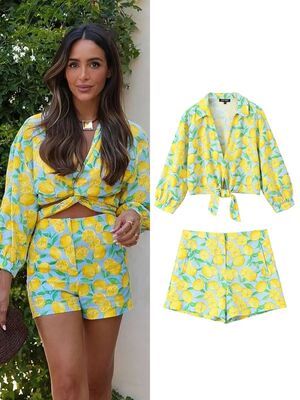 Fashion Fruit Print Shorts Sets Women Elegant Pleated Lace U