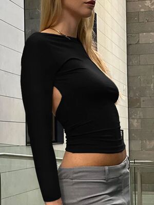Backless Sexy Black T-shirts Women Autumn Long Sleeves Crop