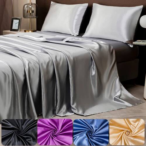 Solid Color Satin Sheet and Pillowcase Set，Luxurious Beddin