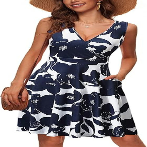 2025 Elegant V-neck Fashion Printed Pocket Sleeveless Dress