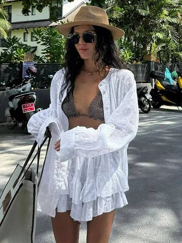 White Long Sleeved Shirt Shorts 2 Piece Set For Women Summer