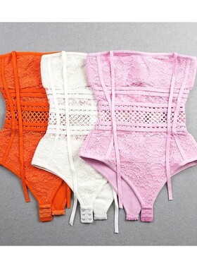 Women Sexy Lace Transparent Bodysuit Orange Lavender White B