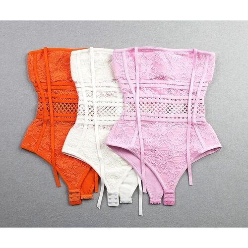 Women Sexy Lace Transparent Bodysuit Orange Lavender White B