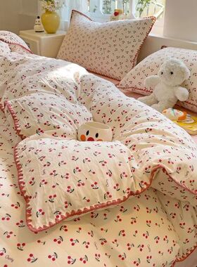 Bedding Set INS Girls Cherry  Soft Washed Cotton Bed Sheet Q