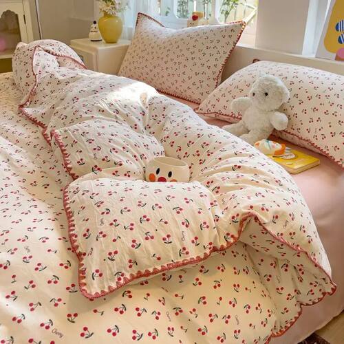 Bedding Set INS Girls Cherry  Soft Washed Cotton Bed Sheet Q