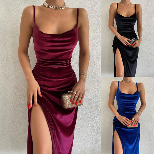 Women's 2025 Sexy Slim-fit Lower Split Velvet Sling Party Dr