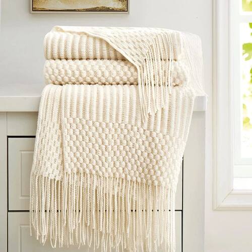 White Boho Throw Blankets Textured Big Knitted Blankets Chun