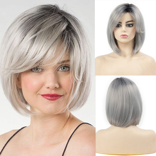 Female Short Straight Hair With Oblique B, Gray Gradient Fas