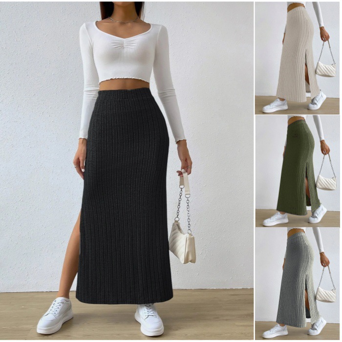 2024 High Waisted Side Slit Slim Fit Knitted Skirt Women's H