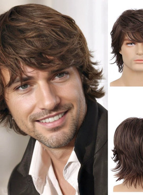 Men's Short Hair With Outward Curls, Brown Side-parted Long
