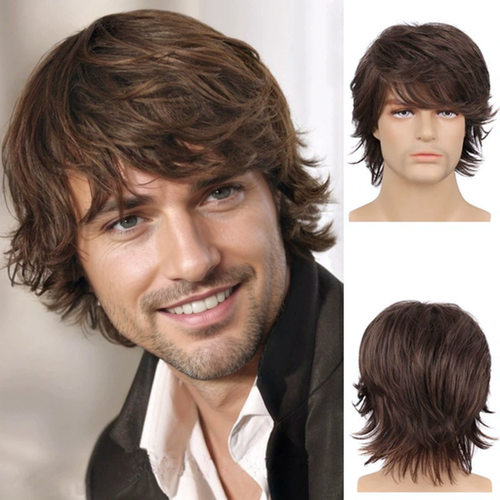 Men's Short Hair With Outward Curls, Brown Side-parted Long