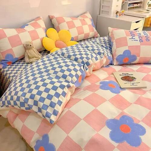 Nordic Pink Checkerboard Duvet ver Sets With Pillowcases Fla