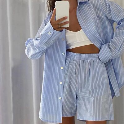 Wear Tracksuit Women Shorts Set Stripe Long Sleeve Shirt ops