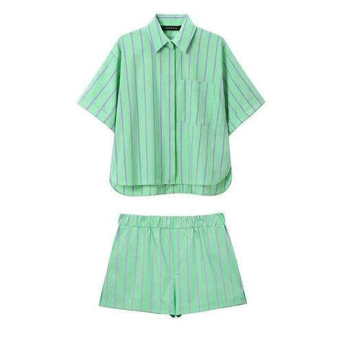 Willshela Women Fashion Two Piece Set Green Striped Single B