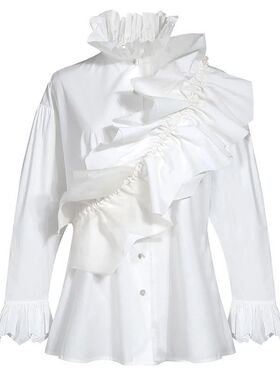 Women White Vintage Blouse Turtleneck Multifunctional Ruffle