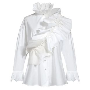 Women White Vintage Blouse Turtleneck Multifunctional Ruffle