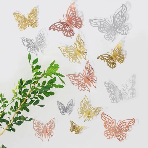 12Pcs/Set 3D Hollow Butterfly Wall Sticker Gold Silver Rose
