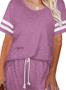 2024 Striped Women's Two-piece Set with Round Neck Short Sle
