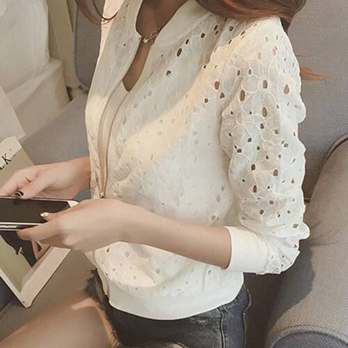 Womens Zip Up Thin Long Sleeve Lace Hollow Out Jackets Long
