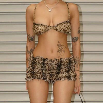 Leopard Print Ruffles Women Sexy 2 Piece Set Women Sexy Cami