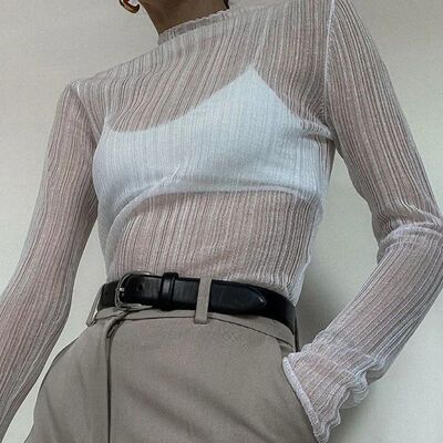 2024 Fall Elegant See Through Long Sleeve Mock Neck Women op