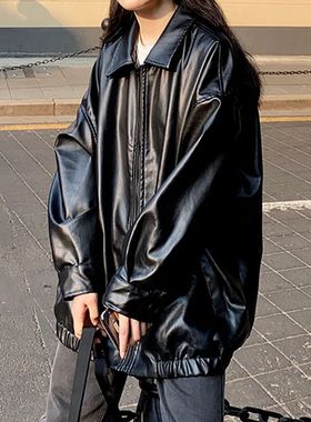 Korean Black Leather Jacket Women Winter Long Women's Moto B