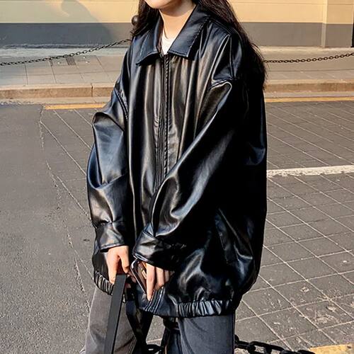 Korean Black Leather Jacket Women Winter Long Women's Moto B