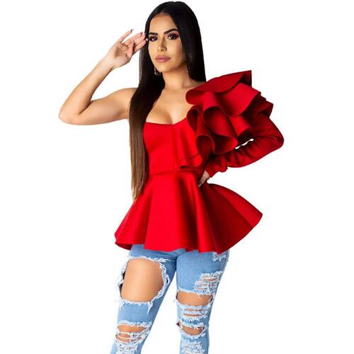 Women Elegant Blouse Femme Sexy One Shoulder Layered Ruffle