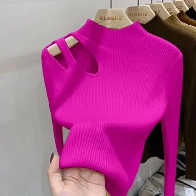 Hollow-out Turtleneck Knitted Women Sweater Ribbed Pullovers