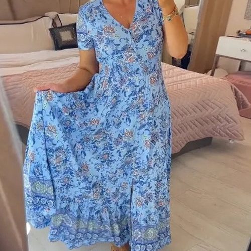 High Sretch Women's V-neck Printed Seaside Dress