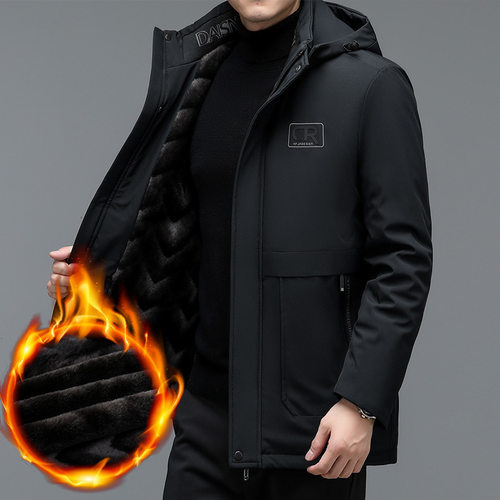 30-40 Dad Jacket, Velvet Hooded Cotton Coat, Thickened Mid-l