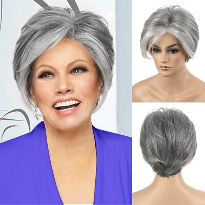 Lady's Gray Highlighted Short Straight Hair Fashionable Chem