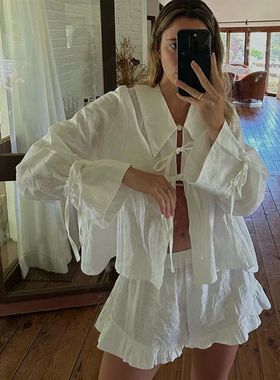 Elegant Lace Up Bow Women Shorts Suits Turn-down Collar Lant