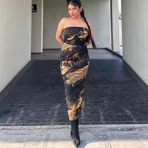 M2s220 Women 2025 Sexy Strapless Printed Dress Slim Dress