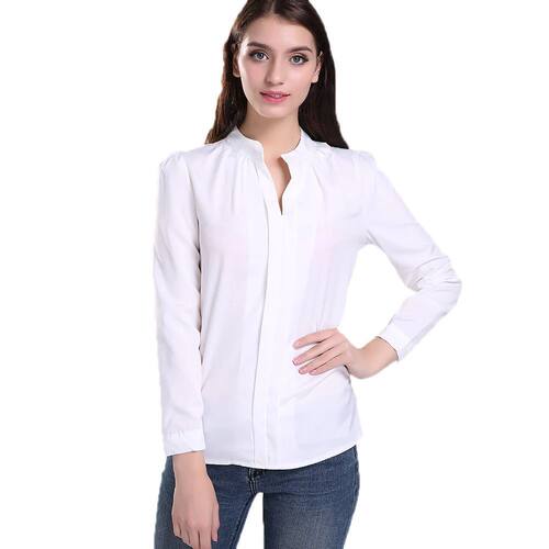 New Summer Women V-Neck Chiffon Blouse Long Sleeve Solid Col