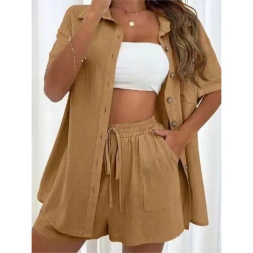 Casual Cotton 2 Piece Set Women Suit Fashion Short Sleeve So