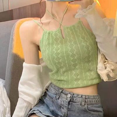 Women Green Sexy Halter Tank ops 2024 Summer Hollow Out Knit
