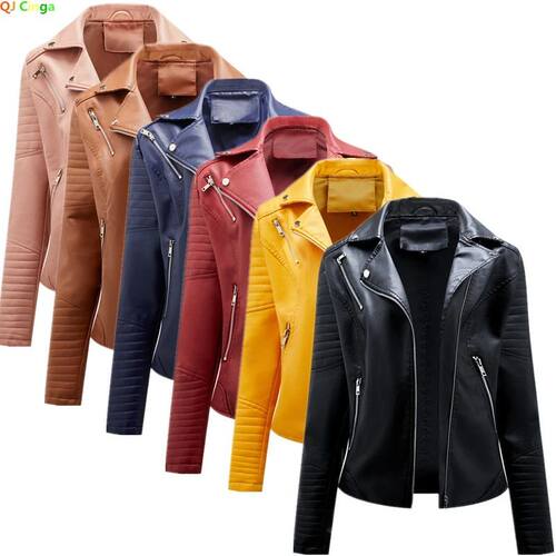 2024 New Fashion Women Faux Leather Jacket Spring Autumn Zip