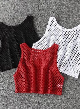 Sexy Black/Red Hollow Out Crop Top 2024 Mesh T-shirt Female