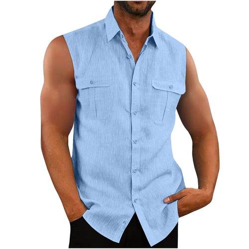 Men's Shirt Double Pocket Cotton And Linen Sleeveless Shirt