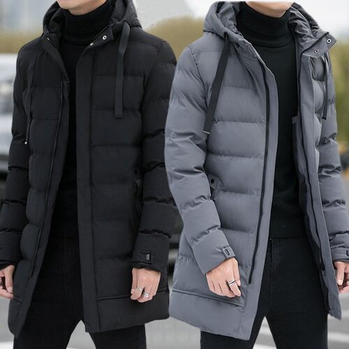 Mid-length Cotton-padded Jacket For Men, Hooded Cotton-padde