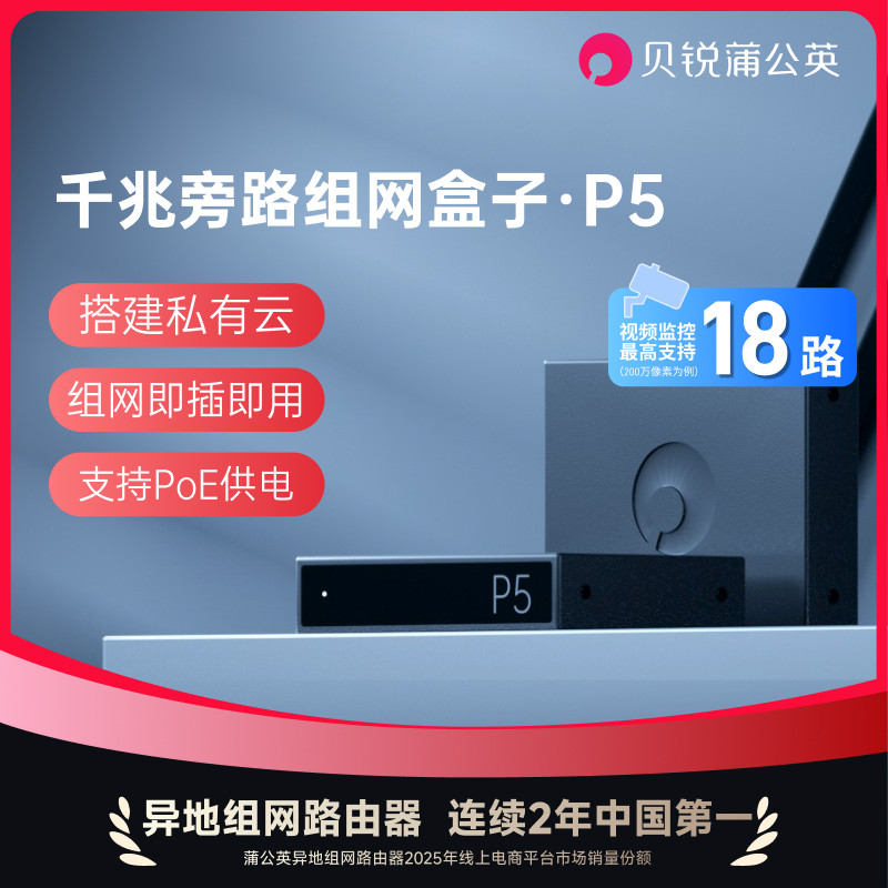 蒲公英P5千兆旁路组网盒子NAS伴侣企业IPSec PPTP L2TP远程监控异地局域网内网穿透云打印私有云盘PoE供电