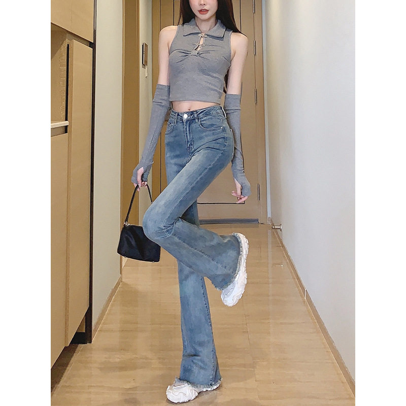 高腰毛边微喇叭牛仔裤女