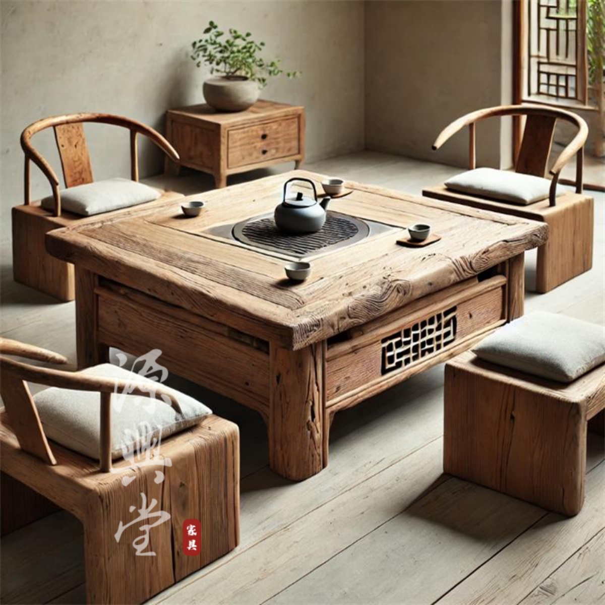侘寂风碳炉煮茶桌椅 老木头煮茶烧烤一体桌 2024新款围炉煮茶桌子