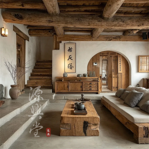 侘寂风茶室会所别墅成套家具实木家具专业高端木质家具套装定制