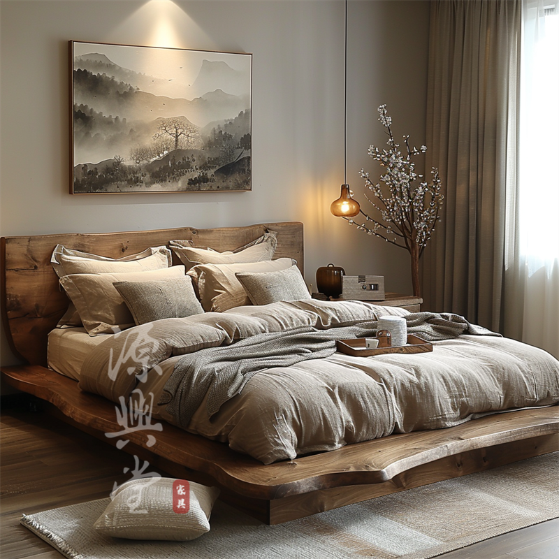 侘寂风实木双人床 民宿床大床 源兴堂可定制实木双人床+床头柜