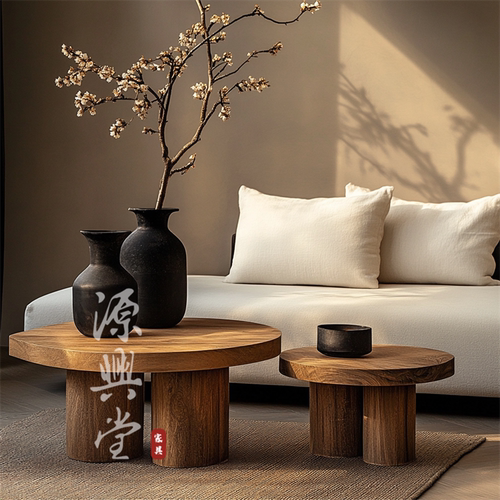 侘寂风家具实木茶几 小户型家用可移动圆茶几 沙发茶几组合套装